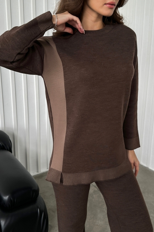 Picture of Woman Brown Patterned side Slit Pullover Trousers Knitwear Suit