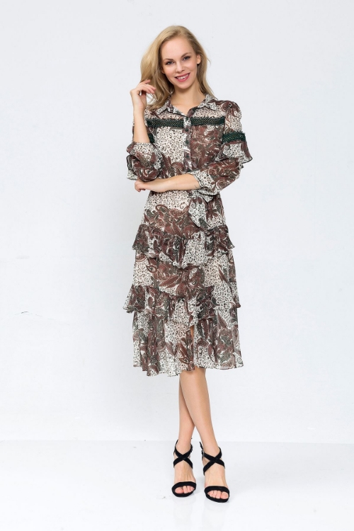 Picture of Woman Brown Chiffon Midi Size Ethnic Patterned Dress