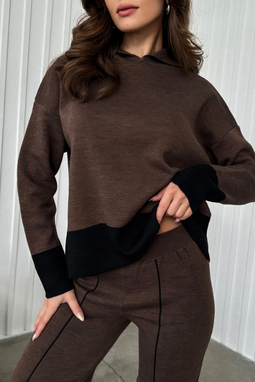 Picture of Woman Brown TKM0193 Yumuşak Textured Hooded Trousers sweatshirt Knitwear Suit
