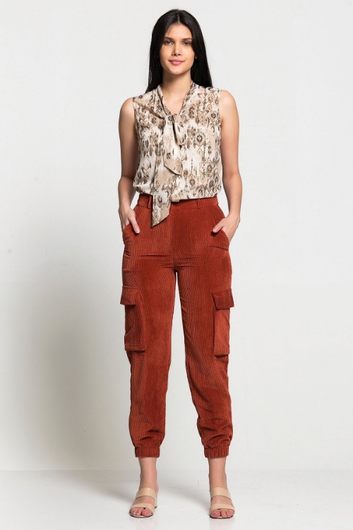 Picture of Woman Terra Cotta Tile high Waist Cargo with pockets Velvet Trousers