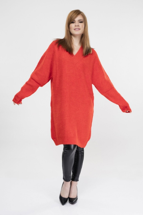 Picture of Woman Red V Neck Knitwear Pullover
