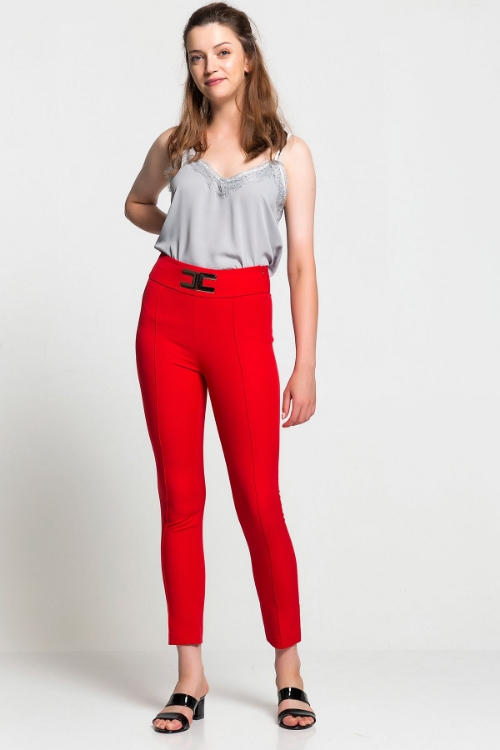 Kadın Kırmızı Yüksek Bel Dar Paça Pantolon resmi