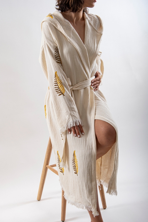 Picture of Woman Cream Hooded Beachwear %100 Cotton Çam Pattern Kimonos