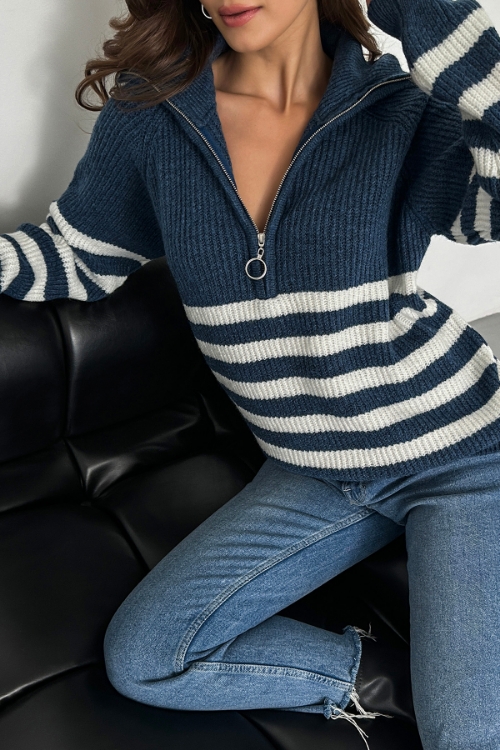 Picture of Woman Navy Navy Blue - White Yumuşak Textured Striped Zipper Detailed Knitwear Pullover