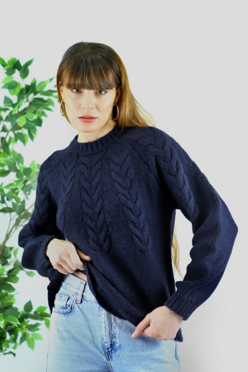 Picture of Woman Navy Navy Blue Crew Neck Knitting Pattern Knitwear Pullover