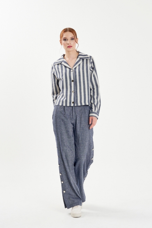 Picture of Woman Navy Navy Blue Striped Linen Shirt Trousers Suit