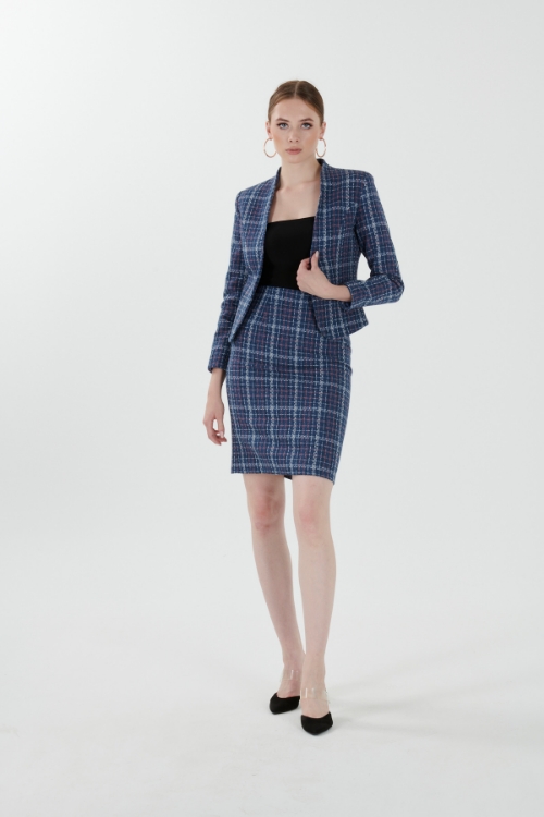 Kadın Lacivert Mini Etek Ceket Ofis Takım resmi