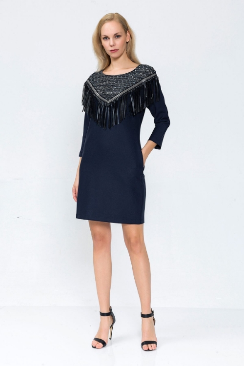 Picture of Woman Navy Navy Blue Tassel Detailed casual Dress