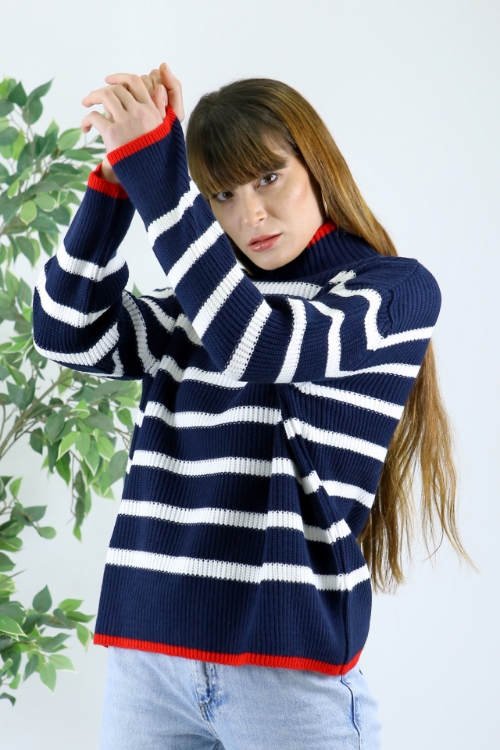 Picture of Woman Navy Navy Blue Half Turtle Neck Neck Striped Knitwear Pullover