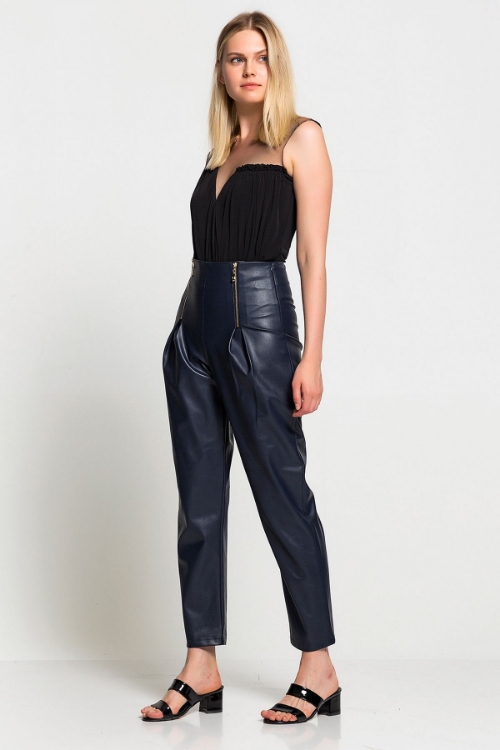Kadın Lacivert Yüksek Bel Fermuar Detaylı Deri Pantolon resmi