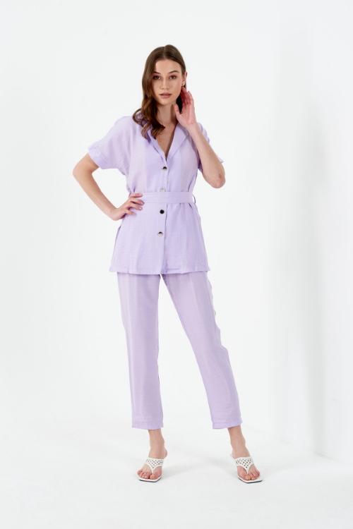 Picture of Woman Lilac V Neck Blouse Trousers Aerobin Suit