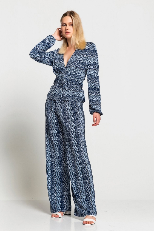 Picture of Woman Blue Long Maxi Sleeved Patterned V Neck Blouse