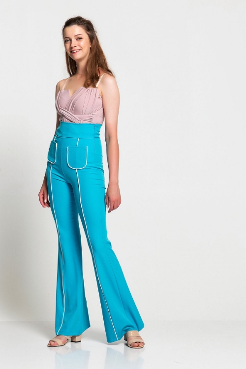 Picture of Woman Blue High Waist Pocket Detailed Flare Trotter Trousers