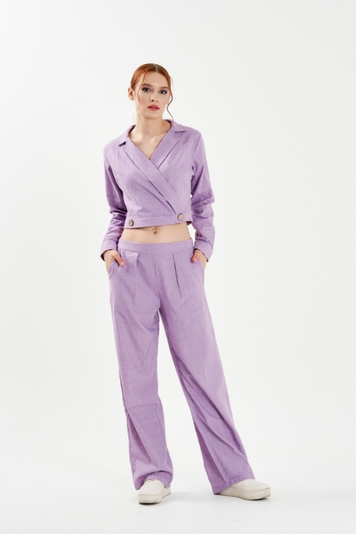 Picture of Woman Purple Double breasted Neck Crop Blouse Trousers Suit