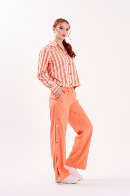 Picture of Woman Orange Striped Linen Shirt Trousers Suit
