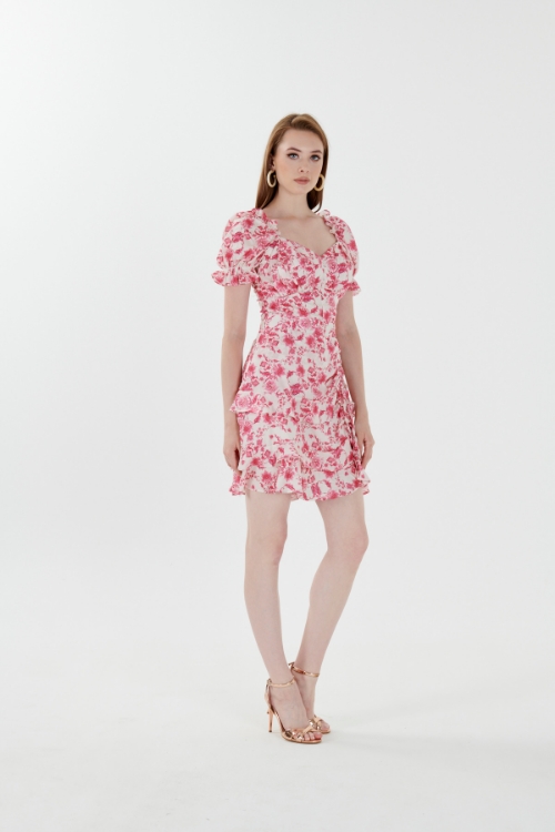 Picture of Woman Pink Watermelon Sleeve Patterned Viscose Mini Dress