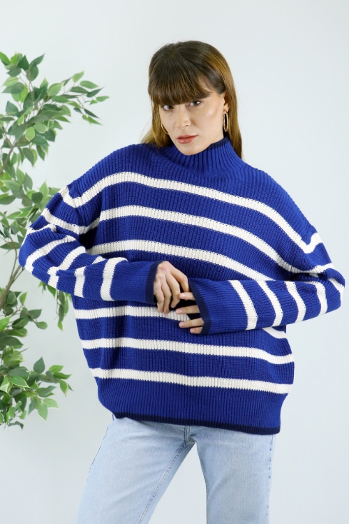 Picture of Woman Sax Half Turtle Neck Neck Striped Knitwear Pullover