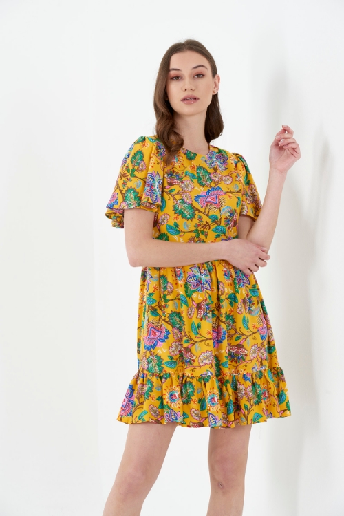 Picture of Woman Yellow MRT613 Crew Neck Short Sleeve Mini Viscose Dress