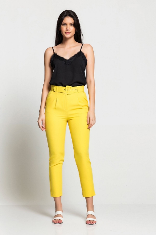 Picture of Woman Yellow High Waist Belted Trousers