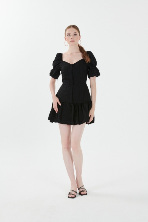 Kadın Siyah Balon Kol Süper Mini Elbise resmi
