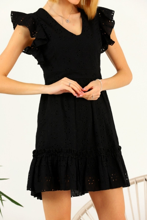 Kadın Siyah Brode V Yaka Kısa Kol Kloş Mini Elbise resmi