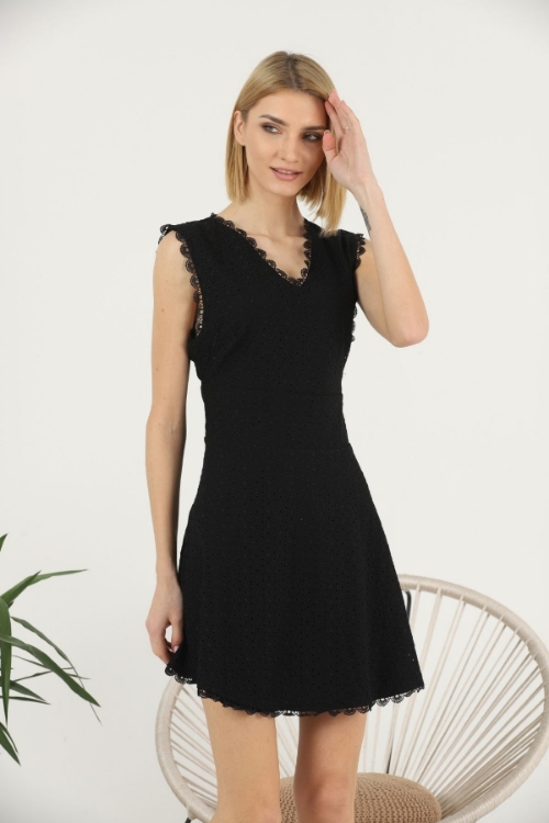 Picture of Woman Black Brode V Neck Short Sleeve Mini Dress