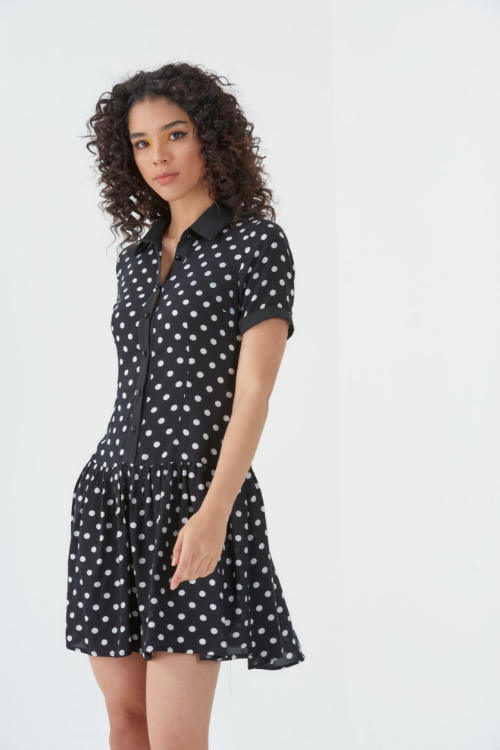 Picture of Woman Black Shirt Neck Polka Dot Mini Dress