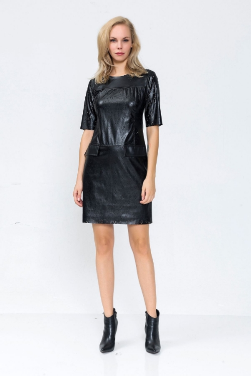 Picture of Woman Black Short Sleeve Laser Cut Leather Dress