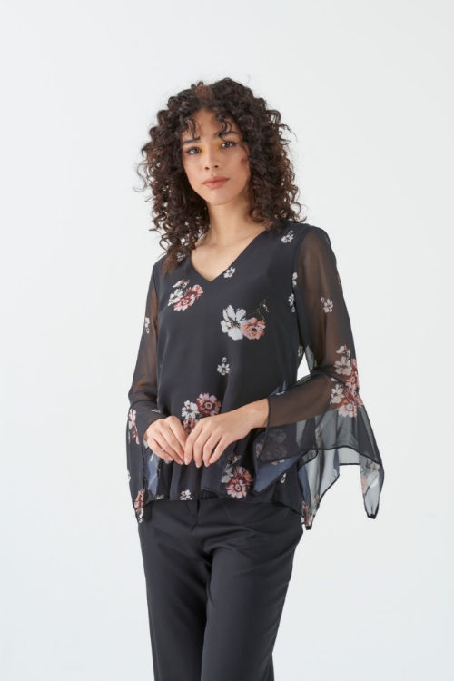 Picture of Woman Black handles Ruffle V Neck Chiffon Blouse