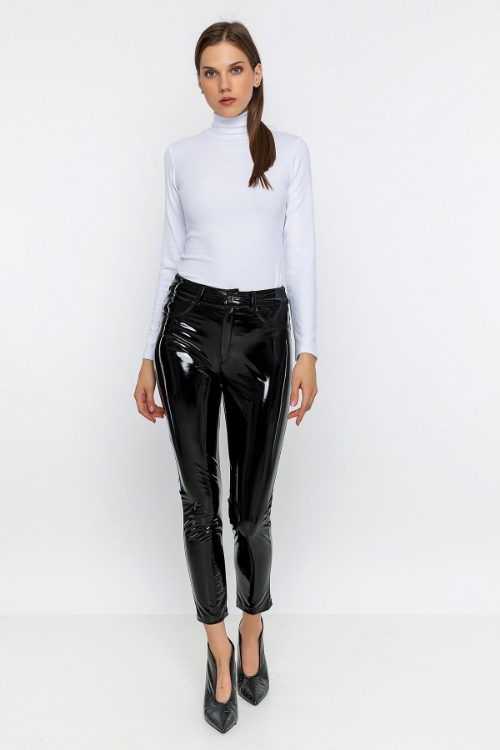 Picture of Woman Black Shiny Leather High Waist Trousers