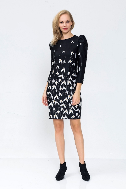 Picture of Woman Black three quarter Trojan Sleeve flower Patterned Dress
