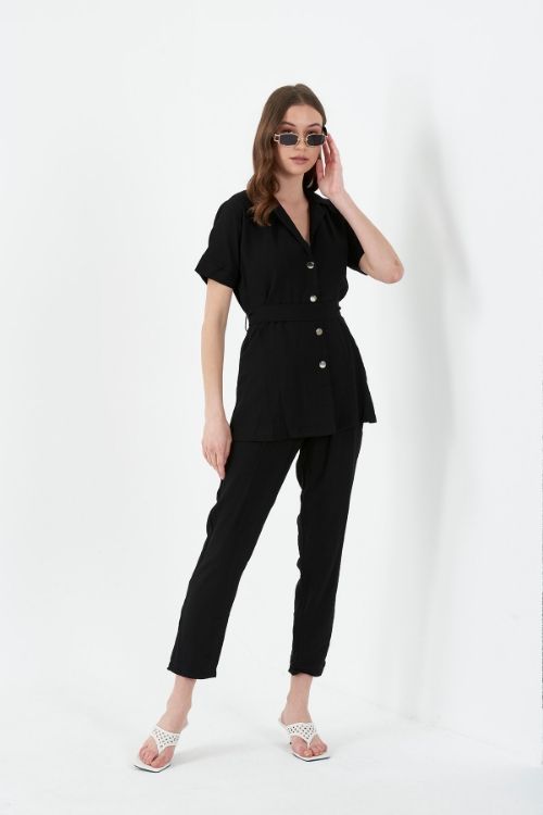 Picture of Woman Black V Neck Blouse Trousers Aerobin Suit