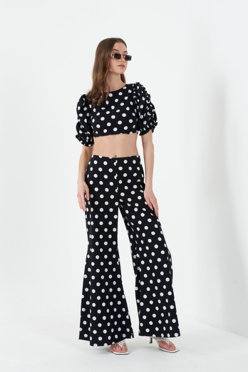 Picture of Woman Black Slit Flare Trotter Polka Dot Trousers
