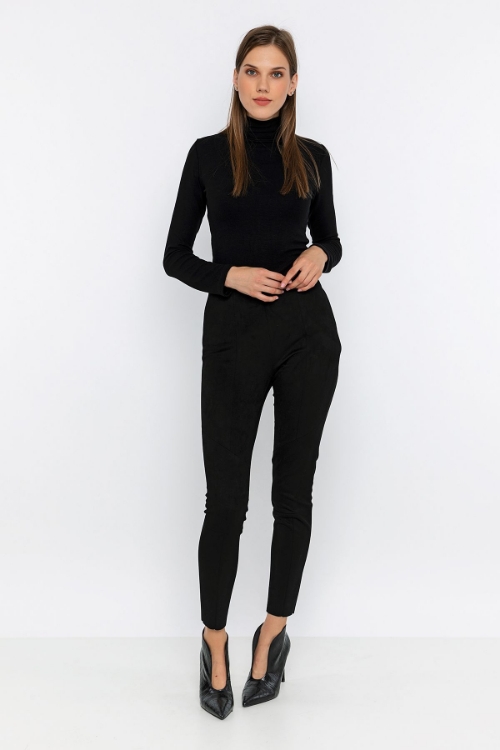 Picture of Woman Black High Waist Skinny Trotter Suede Trousers
