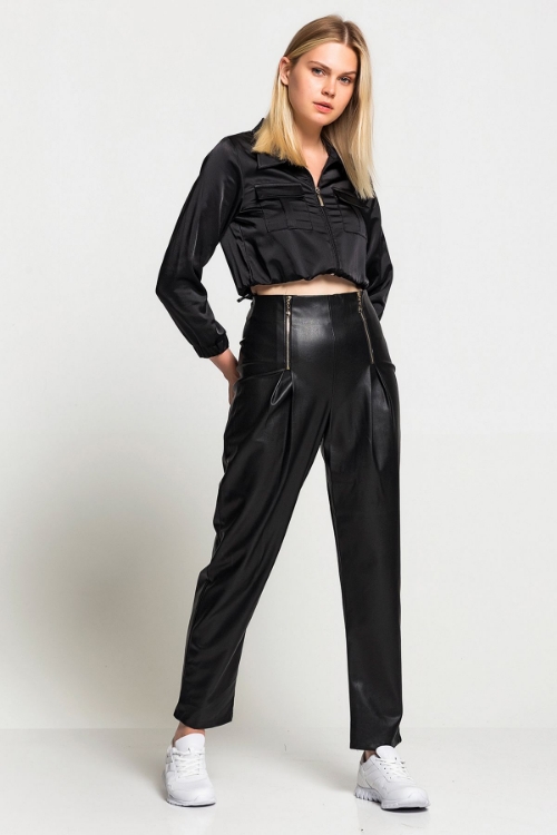 Picture of Woman Black High Waist Zipper Detailed Leather Trousers