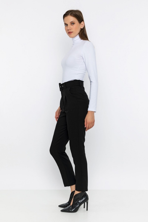 Picture of Woman Black High Waist Belted Normal Trotter Trousers