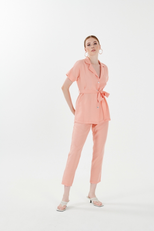 Picture of Woman Salmon V Neck Blouse Trousers Aerobin Suit