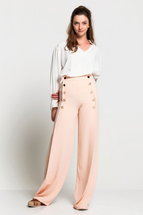 Picture of Woman Salmon High Waist Button Detailed Loose Trousers