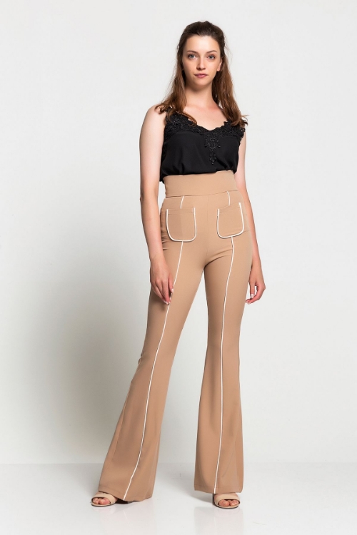 Picture of Woman Stone High Waist Pocket Detailed Flare Trotter Trousers