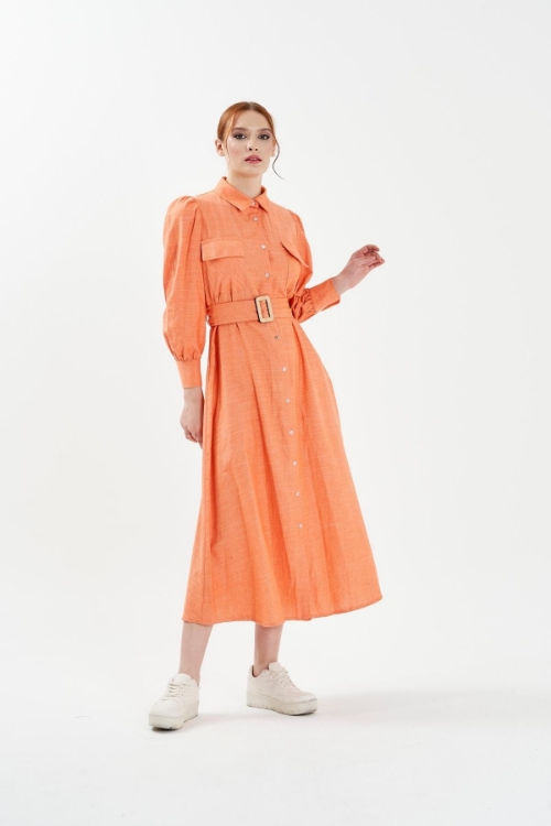 Picture of Woman Orange Linen Belted Long Maxi Shirt Dress