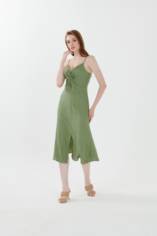 Kadın Yeşil Askılı Midi Müslin Elbise resmi