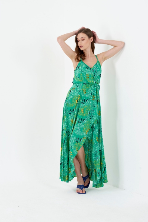 Picture of Woman Green Strap V Neck Slit Viscose Dress