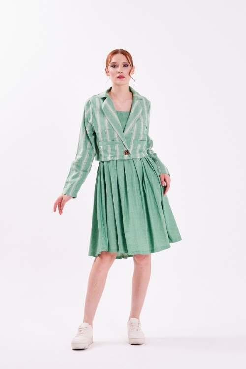 Picture of Woman Green Crop Jacket Dress Linen Suit