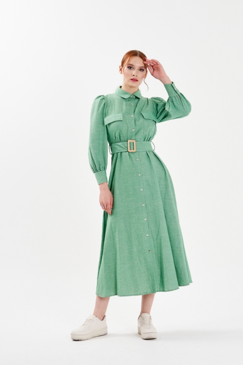 Picture of Woman Green Linen Belted Long Maxi Shirt Dress