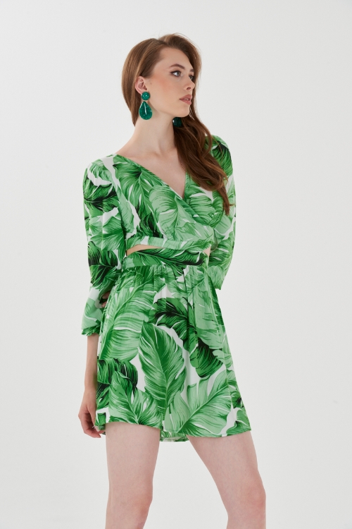 Kadın Yeşil Sırt Dekolteli Mini Desenli Elbise resmi