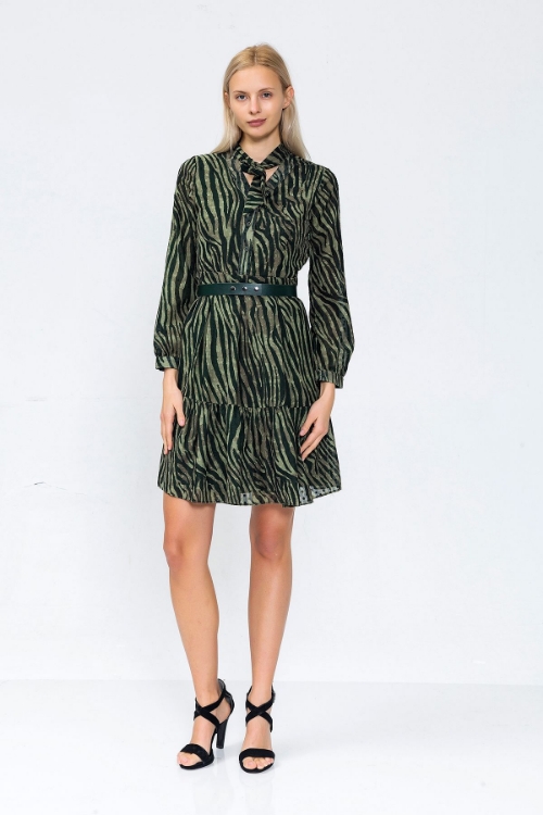 Picture of Woman Green - Black Belted Chiffon Dress