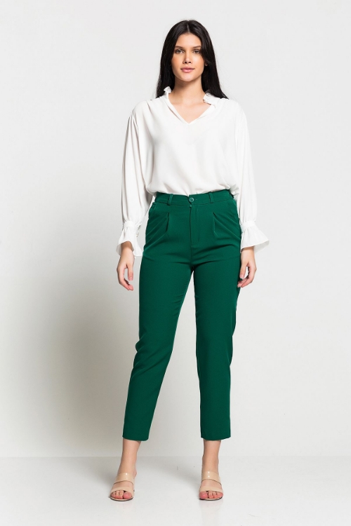 Kadın Yeşil Yüksek Bel Düğmeli Rahat Kesim Pantolon resmi