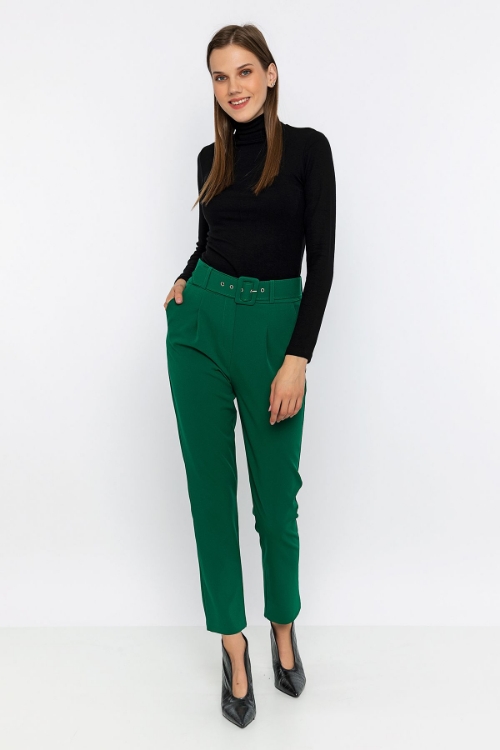 Kadın Yeşil Yüksek Bel Kemerli Normal Paça Pantolon resmi