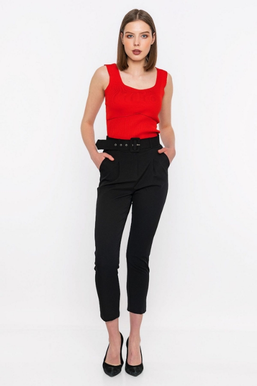 Picture of Woman Black Belt Detailed Classical Trousers