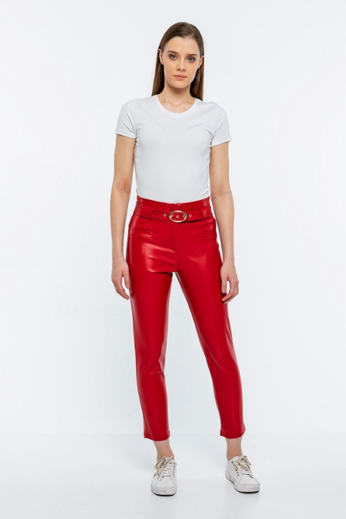 Picture of Woman Red Belt Detailed raising Leather Trousers